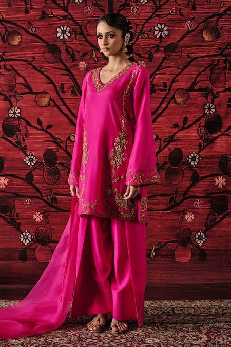 Shalkii_Pink Silk, Brocade Embroidery, Pearls V-neck Kurta Farshi Salwar Set _at_Aza_Fashions