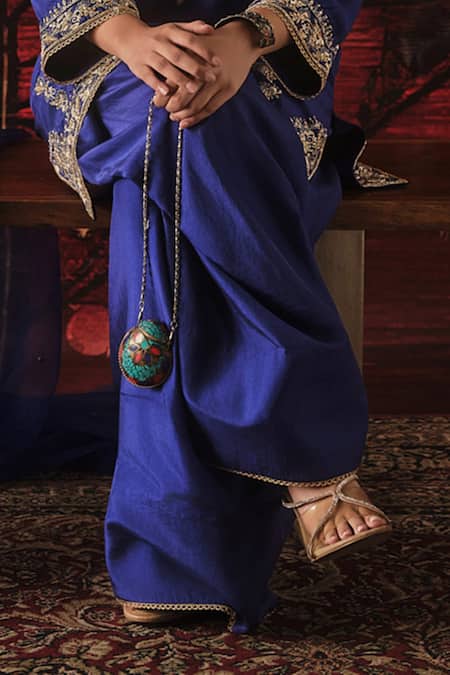 Shalkii_Blue Silk, Organza Embroidery, Sequins V-neck Kalidar Kurta And Salwar Set _Online_at_Aza_Fashions