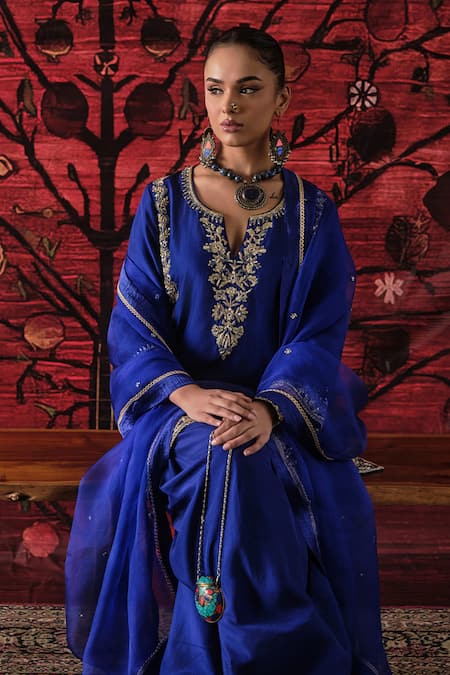 Shop_Shalkii_Blue Silk, Organza Embroidery, Sequins V-neck Kalidar Kurta And Salwar Set _Online_at_Aza_Fashions