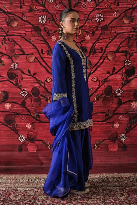 Shalkii_Blue Silk, Organza Embroidery, Sequins V-neck Kalidar Kurta And Salwar Set _at_Aza_Fashions