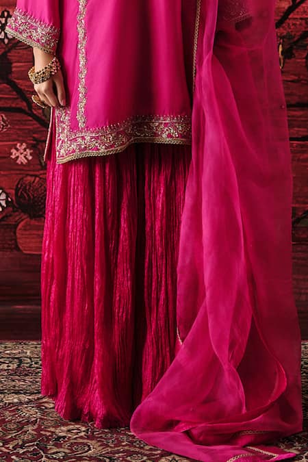Shalkii_Pink Silk, Organza Embroidery, Sequins, Pearls, Kurta And Crinkled Gharara Set _Online_at_Aza_Fashions