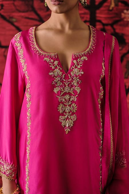 Buy_Shalkii_Pink Silk, Organza Embroidery, Sequins, Pearls, Kurta And Crinkled Gharara Set _Online_at_Aza_Fashions