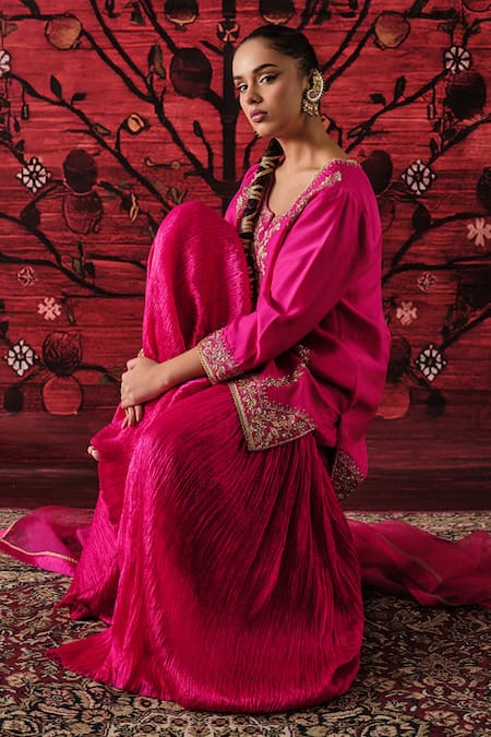 Shop_Shalkii_Pink Silk, Organza Embroidery, Sequins, Pearls, Kurta And Crinkled Gharara Set _Online_at_Aza_Fashions