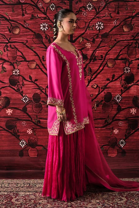 Shalkii_Pink Silk, Organza Embroidery, Sequins, Pearls, Kurta And Crinkled Gharara Set _at_Aza_Fashions