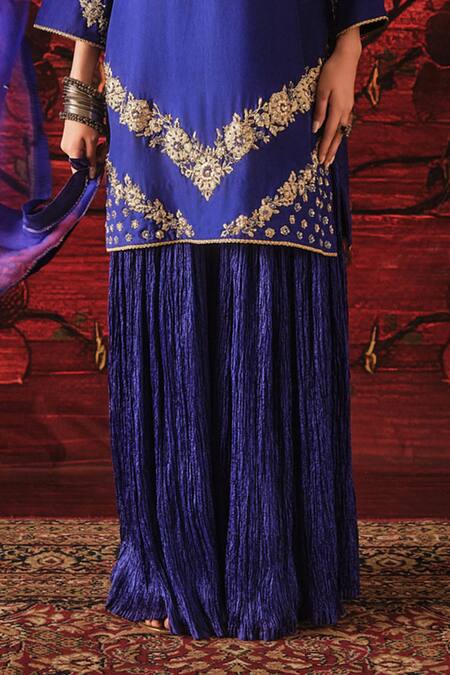 Buy_Shalkii_Blue Silk, Crinkle, Organza Embroidery, Sequins, Pearls, Kurta And Gharara Set _Online_at_Aza_Fashions