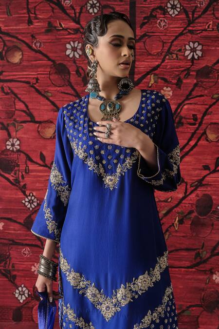 Shop_Shalkii_Blue Silk, Crinkle, Organza Embroidery, Sequins, Pearls, Kurta And Gharara Set _Online_at_Aza_Fashions