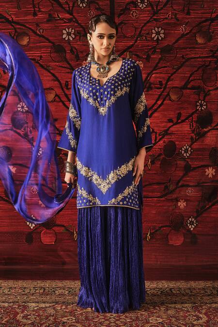 Shalkii_Blue Silk, Crinkle, Organza Embroidery, Sequins, Pearls, Kurta And Gharara Set _at_Aza_Fashions