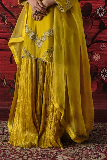 Shalkii_Yellow Silk, Organza Embroidery, Sequins, Pearls Split V-neck Kurta Gharara Set _Online_at_Aza_Fashions