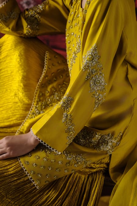 Buy_Shalkii_Yellow Silk, Organza Embroidery, Sequins, Pearls Split V-neck Kurta Gharara Set _Online_at_Aza_Fashions