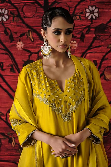 Shop_Shalkii_Yellow Silk, Organza Embroidery, Sequins, Pearls Split V-neck Kurta Gharara Set _Online_at_Aza_Fashions