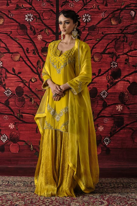 Shalkii_Yellow Silk, Organza Embroidery, Sequins, Pearls Split V-neck Kurta Gharara Set _at_Aza_Fashions