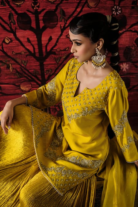 Shop_Shalkii_Yellow Silk, Organza Embroidery, Sequins, Pearls Split V-neck Kurta Gharara Set 