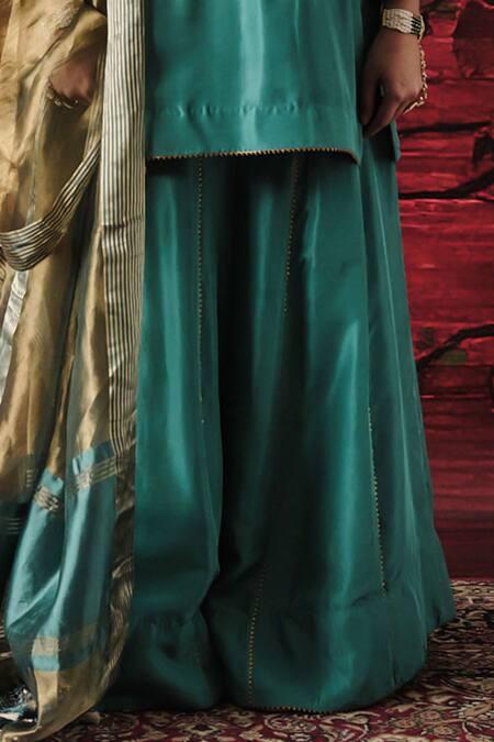 Shalkii_Green Silk, Tissue Embroidery, Sequins, Zari Split Short Kurta Gharara Set _Online_at_Aza_Fashions