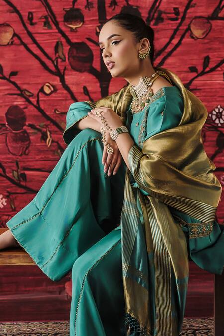 Buy_Shalkii_Green Silk, Tissue Embroidery, Sequins, Zari Split Short Kurta Gharara Set _Online_at_Aza_Fashions