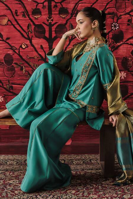 Shop_Shalkii_Green Silk, Tissue Embroidery, Sequins, Zari Split Short Kurta Gharara Set _Online_at_Aza_Fashions