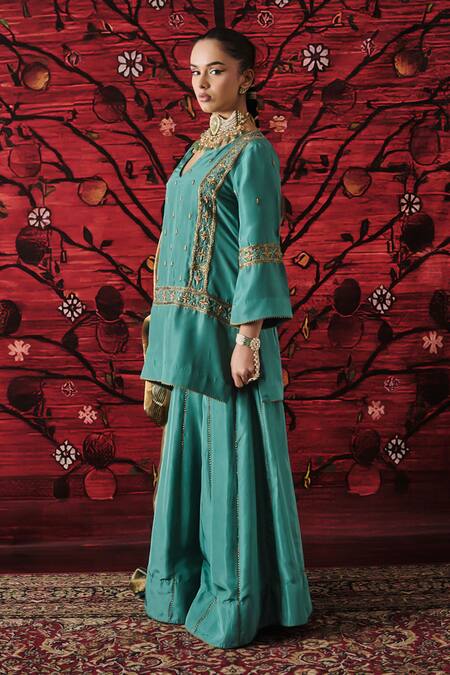 Shalkii_Green Silk, Tissue Embroidery, Sequins, Zari Split Short Kurta Gharara Set _at_Aza_Fashions