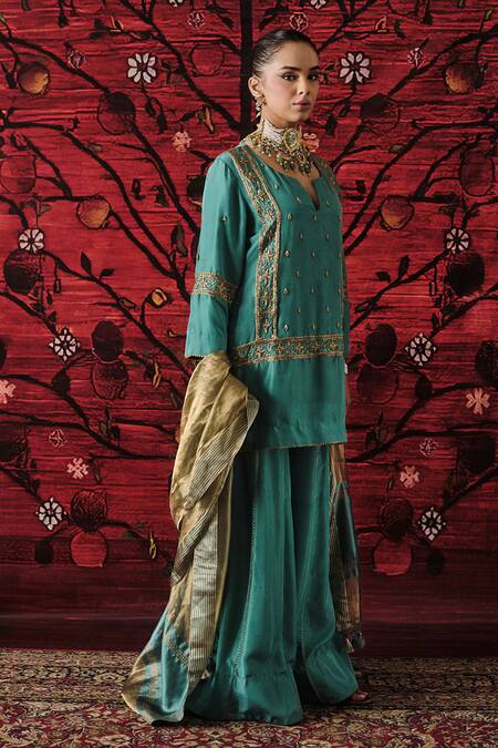 Shop_Shalkii_Green Silk, Tissue Embroidery, Sequins, Zari Split Short Kurta Gharara Set 