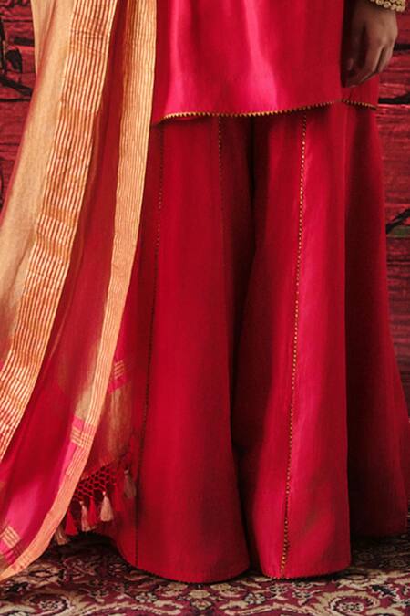 Shalkii_Red Silk, Tissue Embroidery, Cut Work, Sequins, Zari Short Kurta Gharara Set _Online_at_Aza_Fashions