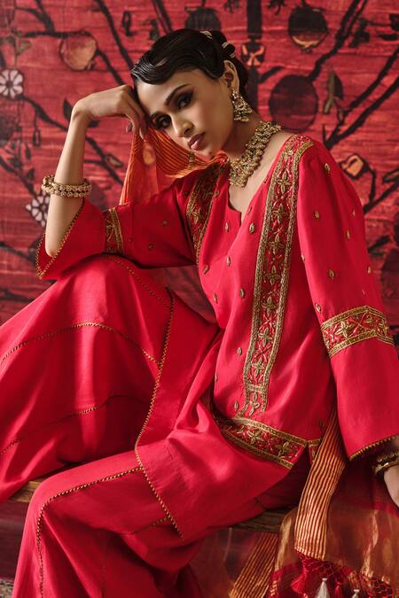 Buy_Shalkii_Red Silk, Tissue Embroidery, Cut Work, Sequins, Zari Short Kurta Gharara Set _Online_at_Aza_Fashions