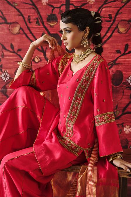 Shalkii_Red Silk, Tissue Embroidery, Cut Work, Sequins, Zari Short Kurta Gharara Set _at_Aza_Fashions