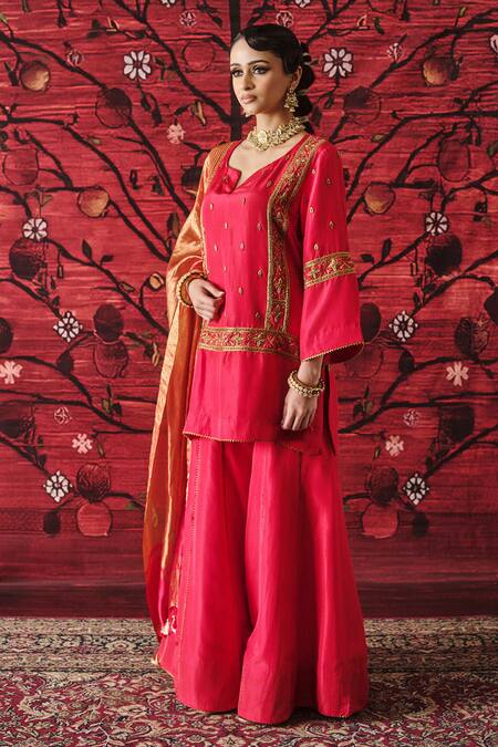 Buy_Shalkii_Red Silk, Tissue Embroidery, Cut Work, Sequins, Zari Short Kurta Gharara Set 
