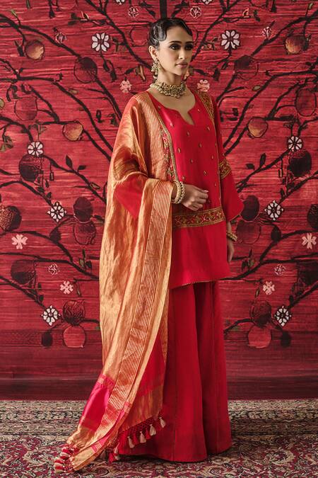 Shop_Shalkii_Red Silk, Tissue Embroidery, Cut Work, Sequins, Zari Short Kurta Gharara Set 