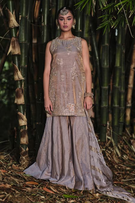 Shalkii Embroidered Tissue Kurta Gharara Set 