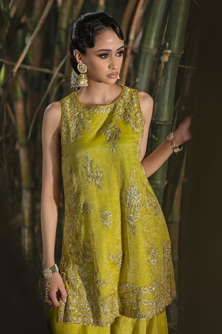 Shalkii_Yellow Tissue, Silk Embroidery, Pearls, Zari Round Neck Kurta Gharara Set _Online_at_Aza_Fashions