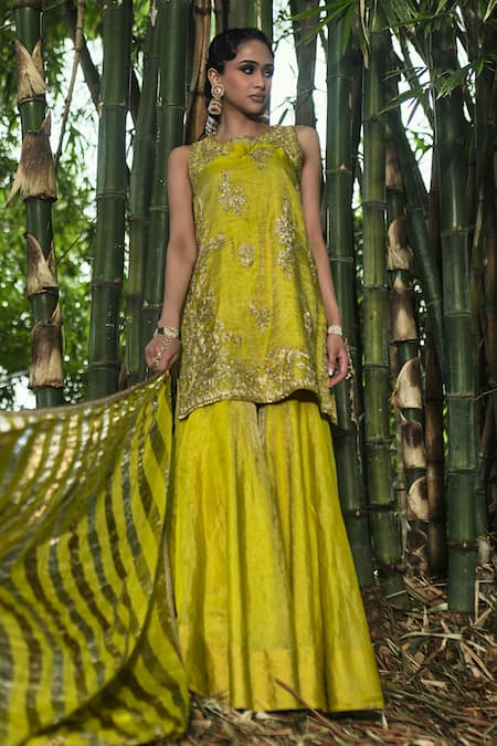 Buy_Shalkii_Yellow Tissue, Silk Embroidery, Pearls, Zari Round Neck Kurta Gharara Set _Online_at_Aza_Fashions