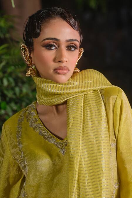 Shalkii_Yellow Tissue, Silk, Chanderi Embroidery, Pearls, Kurta Crushed Sharara Set _Online_at_Aza_Fashions