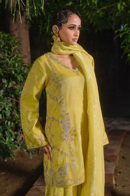 Shop_Shalkii_Yellow Tissue, Silk, Chanderi Embroidery, Pearls, Kurta Crushed Sharara Set _Online_at_Aza_Fashions