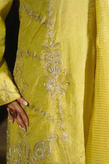 Buy_Shalkii_Yellow Tissue, Silk, Chanderi Embroidery, Pearls, Kurta Crushed Sharara Set 