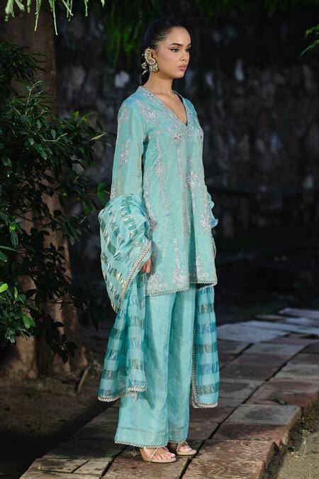 Shalkii_Aqua Silk, Tissue, Chanderi Embroidery, Pearls, Zari Kalidar Kurta And Pant Set _Online_at_Aza_Fashions