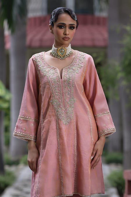 Shop_Shalkii_Pink Silk, Tissue Embroidery, Sequins, Pearls, Zari Split V-neck And Kurta Set _Online_at_Aza_Fashions