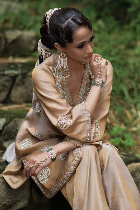 Shalkii_Gold Silk, Tissue Embroidery, Sequins, Artisanal Kurta And Straight Pant Set _Online_at_Aza_Fashions