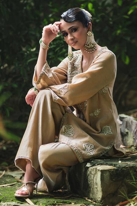 Shop_Shalkii_Gold Silk, Tissue Embroidery, Sequins, Artisanal Kurta And Straight Pant Set _Online_at_Aza_Fashions