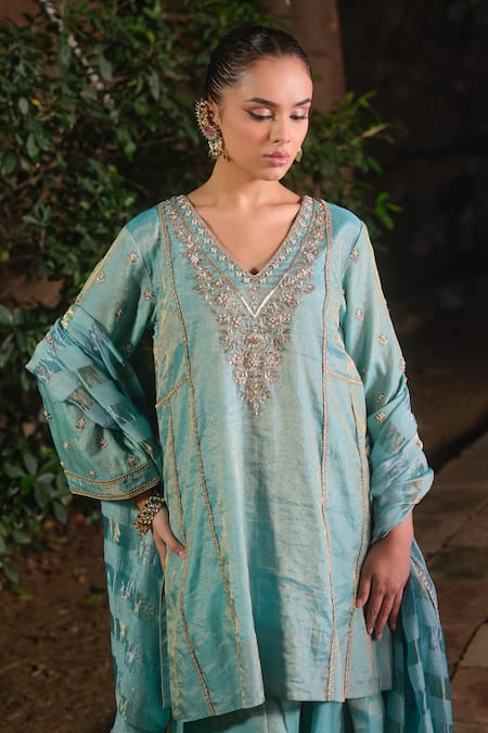 Shop_Shalkii_Blue Silk, Tissue Embroidery, Sequins, Pearls, Short Kurta And Farshi Salwar Set _Online_at_Aza_Fashions