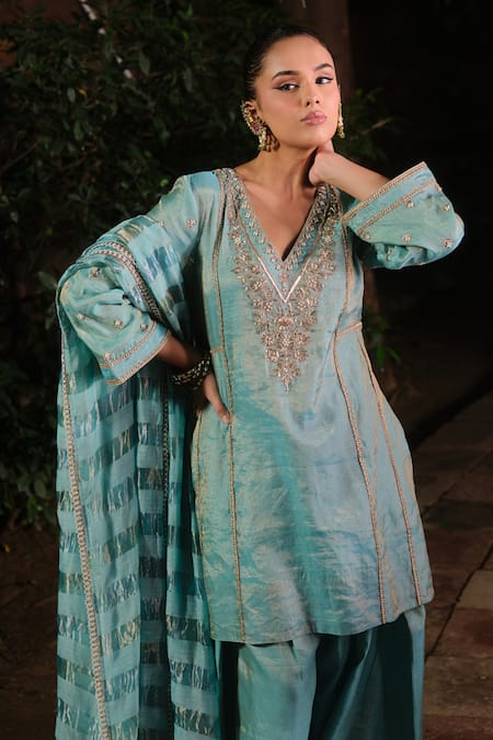 Buy_Shalkii_Blue Silk, Tissue Embroidery, Sequins, Pearls, Short Kurta And Farshi Salwar Set 