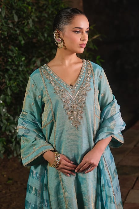 Shop_Shalkii_Blue Silk, Tissue Embroidery, Sequins, Pearls, Short Kurta And Farshi Salwar Set 