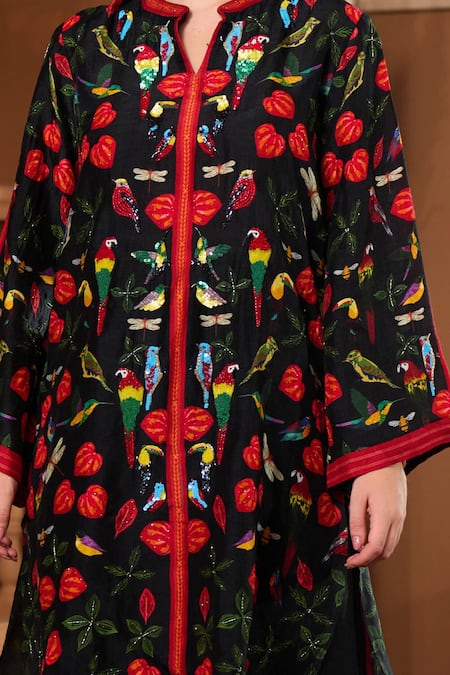 Taroob Black Silk Embroidery Mandarin Collar Bagh-e-bulbul Embellished Kurta And Pant Set Online at Aza Fashions Taroob_Black Silk Embroidery Mandarin Collar Bagh-e-bulbul Embellished Kurta And Pant Set _Online_at_Aza_Fashions