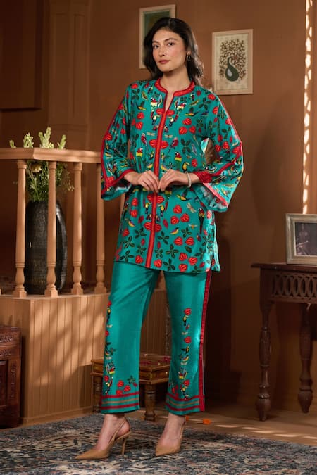 Taroob Teal Embroidery Mandarin Collar Bagh-e-bulbul Embellished Kurta And Pant Set Online at Aza Fashions Taroob_Teal Embroidery Mandarin Collar Bagh-e-bulbul Embellished Kurta And Pant Set _Online_at_Aza_Fashions