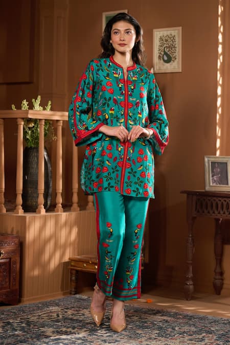 Shop Taroob Teal Embroidery Mandarin Collar Bagh-e-bulbul Embellished Kurta And Pant Set Online at Aza Fashions Shop_Taroob_Teal Embroidery Mandarin Collar Bagh-e-bulbul Embellished Kurta And Pant Set _Online_at_Aza_Fashions