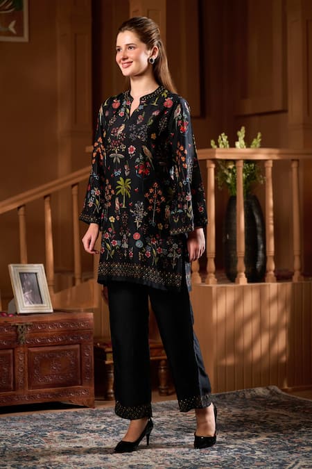 Shop_Taroob_Black Silk Embroidery, Stones Split V-neck Gulsitar Kurta And Pant Set _Online_at_Aza_Fashions