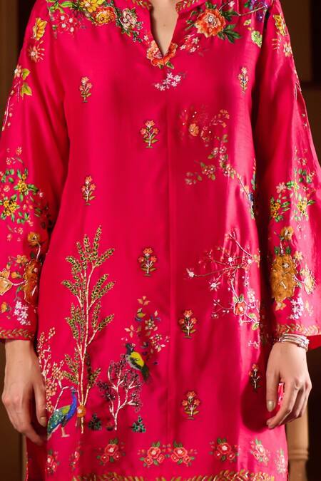 Taroob_Fuchsia Silk Embroidery Split V-neck Mor Mahal Kurta And Pant Set _Online_at_Aza_Fashions