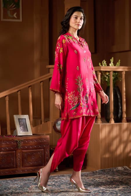 Taroob_Fuchsia Silk Embroidery Split V-neck Mor Mahal Kurta And Pant Set _at_Aza_Fashions
