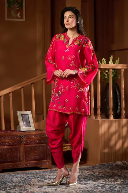 Buy_Taroob_Fuchsia Silk Embroidery Split V-neck Mor Mahal Kurta And Pant Set 
