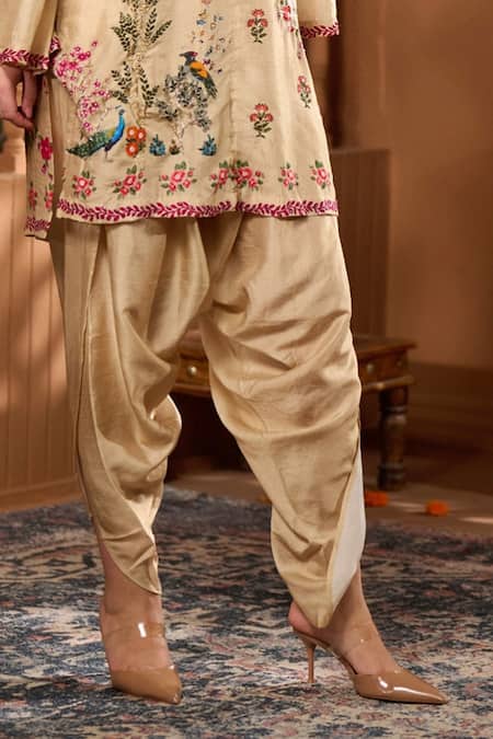 Taroob_Beige Silk Embroidery Split V-neck Mor Mahal Kurta And Pant Set _Online_at_Aza_Fashions