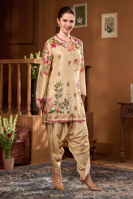 Buy_Taroob_Beige Silk Embroidery Split V-neck Mor Mahal Kurta And Pant Set _Online_at_Aza_Fashions
