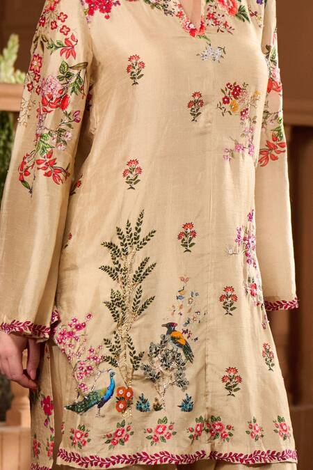 Shop_Taroob_Beige Silk Embroidery Split V-neck Mor Mahal Kurta And Pant Set _Online_at_Aza_Fashions