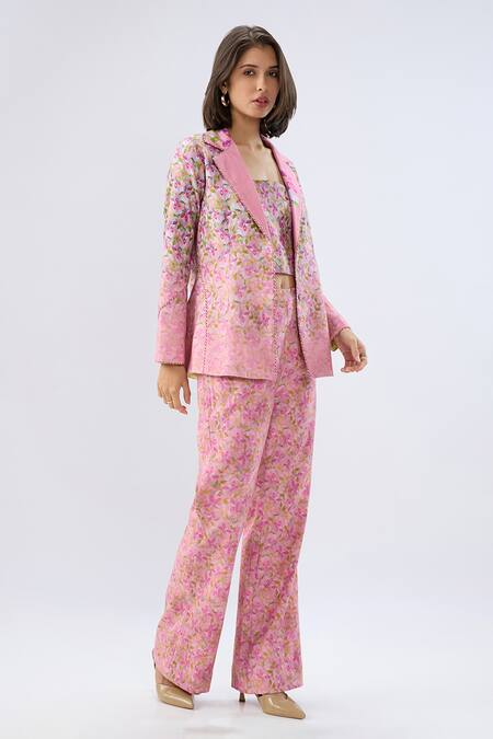 Buy_Raw & Rustic By Niti Bothra_Pink Linen, Cotton Sweetheart Neck Floral Print Blazer Set _Online_at_Aza_Fashions